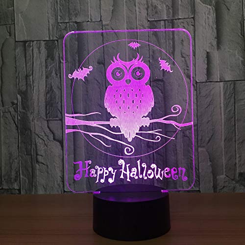 Luz de noche para niños 3D, Happy Halloween Owl Lámpara 3D 7 colores Luces de noche visuales Mesa táctil para niños Luz de noche para dormir para bebés Luz de noche 3D Sala de estar Tienda Halloween