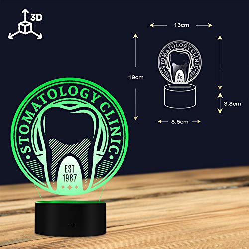 Luz Nocturna 3D,Dentista Dental Care Logo Lámpara De Luz Led Personalizado Cuidado De La Salud Estomatología Muestra Del Diente Higienista Dental Personalizado 3D Decoración Luz, Control Táctil