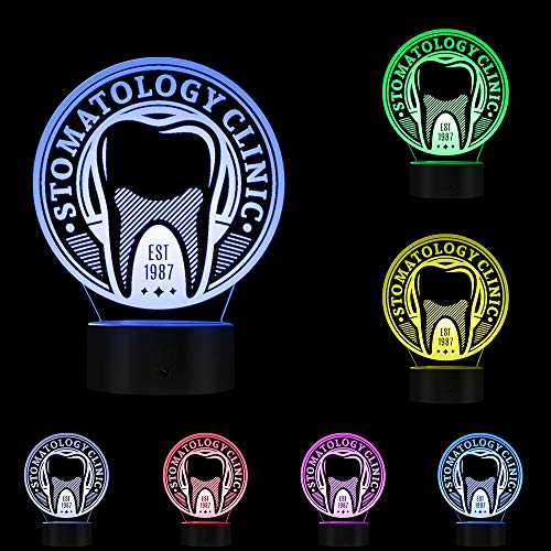 Luz Nocturna 3D,Dentista Dental Care Logo Lámpara De Luz Led Personalizado Cuidado De La Salud Estomatología Muestra Del Diente Higienista Dental Personalizado 3D Decoración Luz, Control Táctil