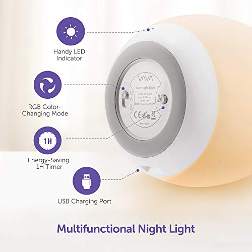 Luz Nocturna Infantil VAVA, Lámpara LED para Niños, 8 Color Cambiante, Control Táctil, Temporizador, Función de Memoria, Modo Nocturna, Cuidado Ojos, Seguro, Regalo para bebé, Niño, Amarillo