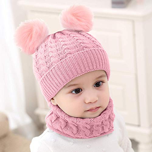 LYworld Conjunto de Bufanda y Gorro de Punto Unisex Niños Niñas Invierno cálido Punto Beanie Gorros con Pompon Bufanda de Punto Cuello Redondo Bebé