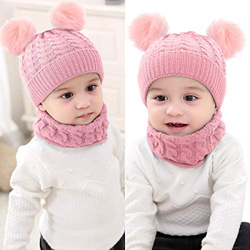 LYworld Conjunto de Bufanda y Gorro de Punto Unisex Niños Niñas Invierno cálido Punto Beanie Gorros con Pompon Bufanda de Punto Cuello Redondo Bebé