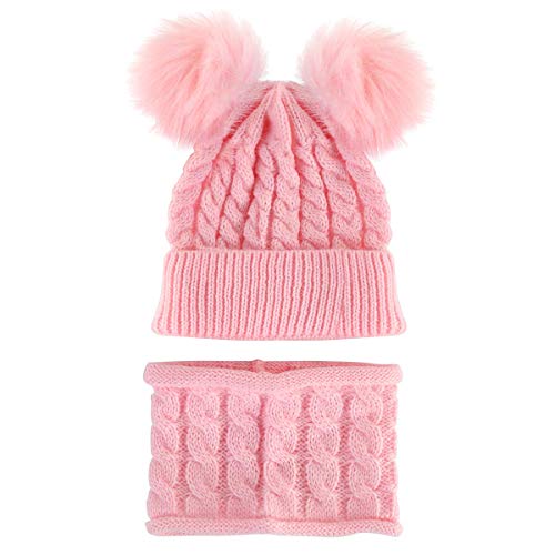 LYworld Conjunto de Bufanda y Gorro de Punto Unisex Niños Niñas Invierno cálido Punto Beanie Gorros con Pompon Bufanda de Punto Cuello Redondo Bebé