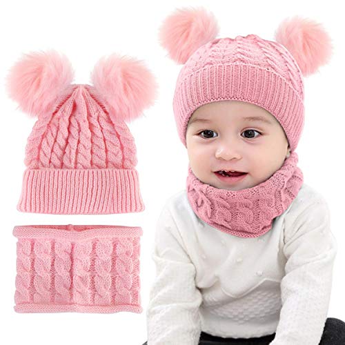 LYworld Conjunto de Bufanda y Gorro de Punto Unisex Niños Niñas Invierno cálido Punto Beanie Gorros con Pompon Bufanda de Punto Cuello Redondo Bebé