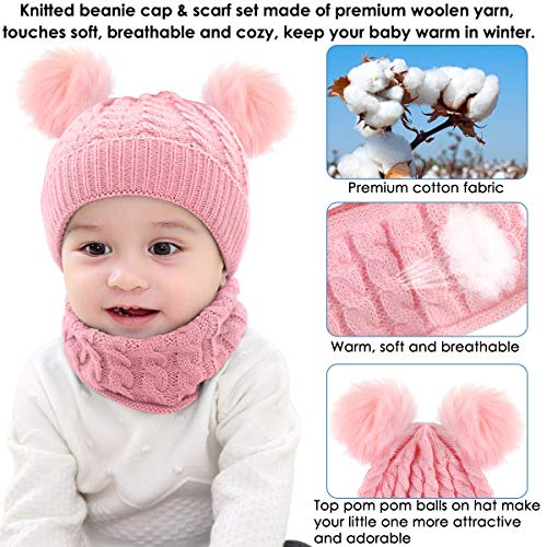 LYworld Conjunto de Bufanda y Gorro de Punto Unisex Niños Niñas Invierno cálido Punto Beanie Gorros con Pompon Bufanda de Punto Cuello Redondo Bebé