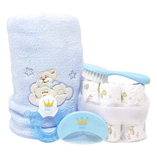 Mababyshop- Cesta Bebé Modelo Baby Kings, que incluye manta, sonajero, chupetes, biberón termo y mucho más… (Azul)