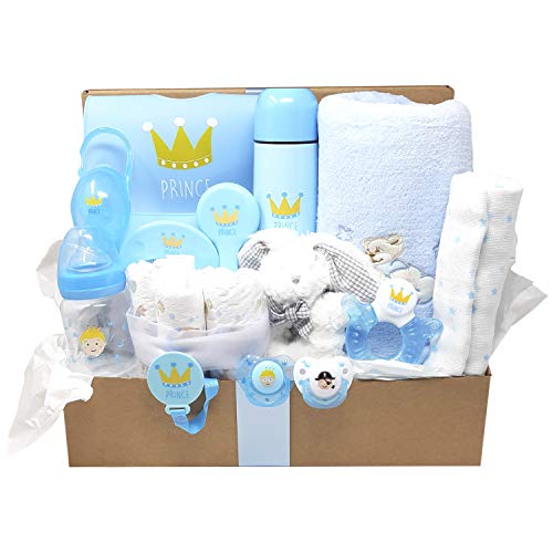 Mababyshop- Cesta Bebé Modelo Baby Kings, que incluye manta, sonajero, chupetes, biberón termo y mucho más… (Azul)