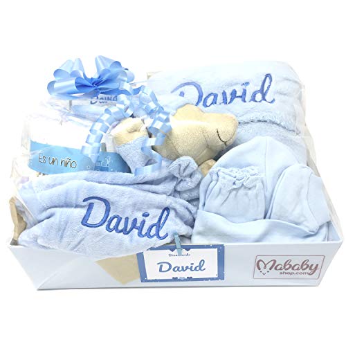 MabyBox Velvet DouDou | Canastilla Bebé Personalizada | Cesta Regalo Recién Nacido | Set Bebe Recién Nacido Personalizado (Azul)