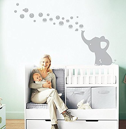 MAFENT Un Adorable Elefante Soplar Burbujas Wall Decal Vinilo Etiqueta de la Pared Para Cuarto de Niños Bebe Habitación Decoraciones (Gris,Izquierda)