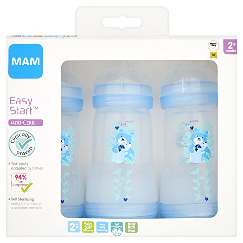 MAM - Biberón (autoesterilizante, anticólico, 260 ml, 3 unidades), multicolor, 2 Meses+