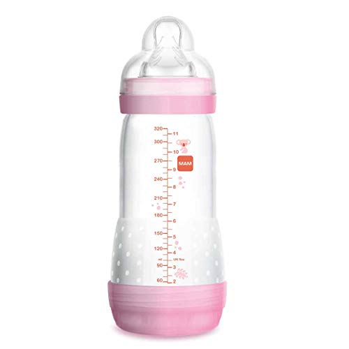 MAM Easy Start Anti-Colic 320 ml, Biberón anticólicos con base de ventilación, biberón MAM autoesterilizable con tetina MAM nº 3 de silicona extrasuave, 4+ meses, rosa