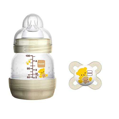 MAM Easy Start Anti-Colic Biberón anticólicos 130 ml + MAM Start chupete ortodóntico, set de 2 con tetinas MAM autoesterilizables de silicona extrasuave, 0+ meses, beis