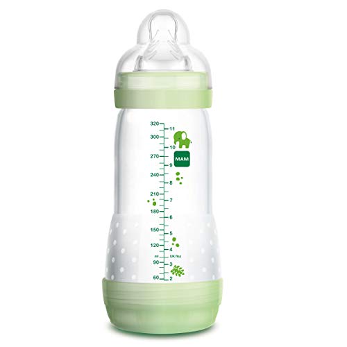 MAM Easy Start Anti-Colic, Biberón Anticólicos con Base de Ventilación, Autoesterilizable con Tetina nº 3 de Silicona Extrasuave, 4+ meses, Verde, 320 ml