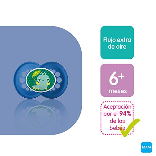 MAM Essential Soothing Set, juego de regalos para bebés de +6 meses, con 2 chupetes de silicona Original +6, 2 chupetes Night +6, chupetero y guardachupetes, NIÑO (Boy)