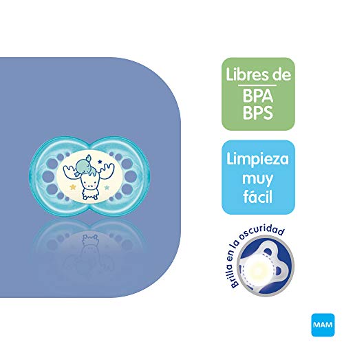 MAM Essential Soothing Set, juego de regalos para bebés de +6 meses, con 2 chupetes de silicona Original +6, 2 chupetes Night +6, chupetero y guardachupetes, NIÑO (Boy)