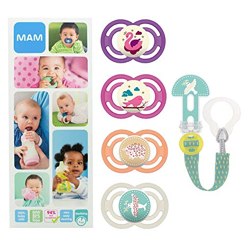 MAM Premium Soothing Set, juego de regalos para bebés de +6 meses, incluye 2 chupetes de silicona Perfect +6, 2 chupetes Perfect Night +6 y sujetachupetes Clip it, NIÑA (Girl)