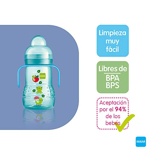 MAM Training Bottle Set, regalos para bebés de +4 meses, incluye 1 biberón Trainer (220 ml) y 1 biberón Easy Active (330 ml), juego de biberones con bonitos dibujos, NIÑO (Boy)