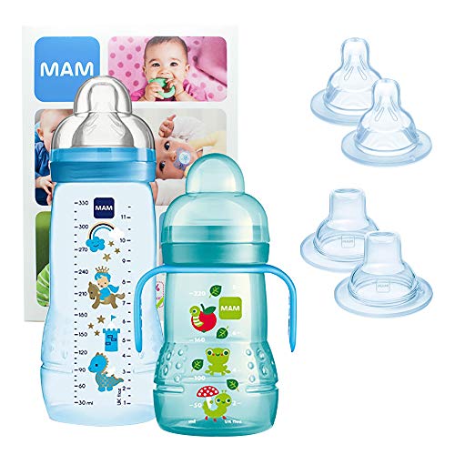 MAM Training Bottle Set, regalos para bebés de +4 meses, incluye 1 biberón Trainer (220 ml) y 1 biberón Easy Active (330 ml), juego de biberones con bonitos dibujos, NIÑO (Boy)