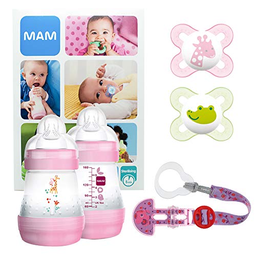 MAM Welcome Baby Starter Set, regalos para bebé, canastilla con 2 biberones anticólicos Easy Start (160 ml), 2 chupetes Start de silicona (0-2 meses) y chupetero, NIÑA