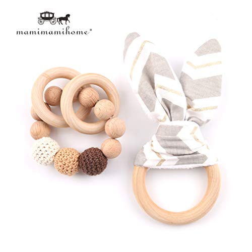 Mamimami Home Bebé Pulsera de Madera Dentición Ecológica Anillos Orgánicos Ganchillo Haya Cuentas de Madera Montessori Sonajeros Juguetes Mordedor Bebé Ducha Regalo (Beige)