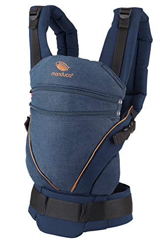 manduca XT Portabebe > Uno para Todos < Mochila Ergonomica Portabebe, Asiento Ajustable, 3 Posiciones, Algodón Orgánico, se Adapta a Recien Nacidos y Ninos Pequenos (XT Cotton, denimblue-toffee)