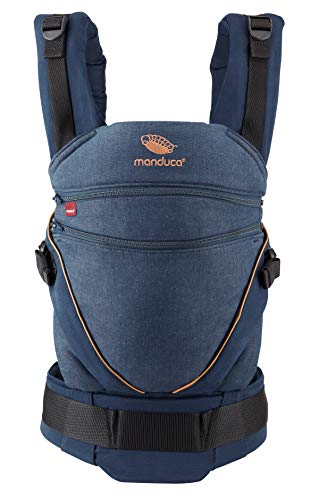 manduca XT Portabebe > Uno para Todos < Mochila Ergonomica Portabebe, Asiento Ajustable, 3 Posiciones, Algodón Orgánico, se Adapta a Recien Nacidos y Ninos Pequenos (XT Cotton, denimblue-toffee)