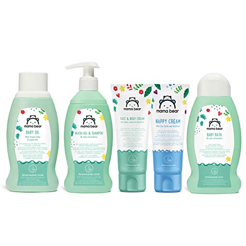 Marca Amazon- Mama Bear  Set para los bebés:  Gel de baño,  champú, crema para el cambio del pañal, aceite, crema para la cara y el cuerpo