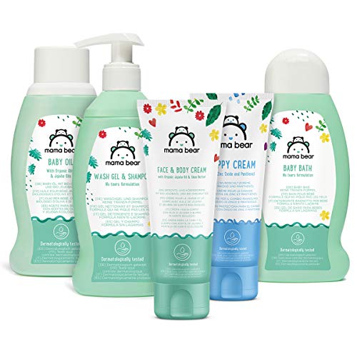 Marca Amazon- Mama Bear  Set para los bebés:  Gel de baño,  champú, crema para el cambio del pañal, aceite, crema para la cara y el cuerpo