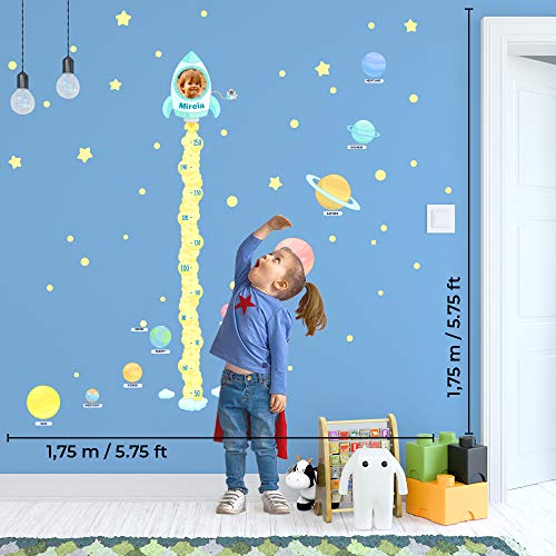 Medidor de altura PERSONALIZADO con foto y nombre para pared | Planetas y cohete en el espacio para dormitorio de niños