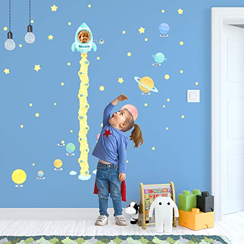 Medidor de altura PERSONALIZADO con foto y nombre para pared | Planetas y cohete en el espacio para dormitorio de niños