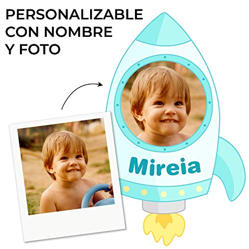 Medidor de altura PERSONALIZADO con foto y nombre para pared | Planetas y cohete en el espacio para dormitorio de niños