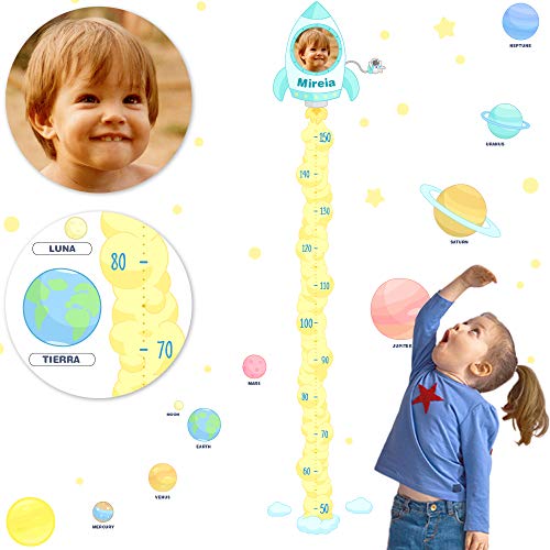 Medidor de altura PERSONALIZADO con foto y nombre para pared | Planetas y cohete en el espacio para dormitorio de niños