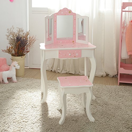 Mesa de tocador rosa de madera con espejo y banqueta de Teamson Kids TD-11670K