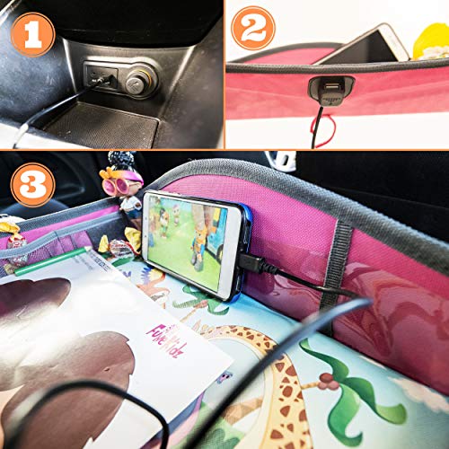 MesitaDeJuego1+ Mesa de juego de viaje en coche para niños con puerta USB 2.0 para Tablet, Smartphone. Bandeja para Dibujar, Entretener a los niños en Avión, Tren, Cochecito, Silla de coche, Parque