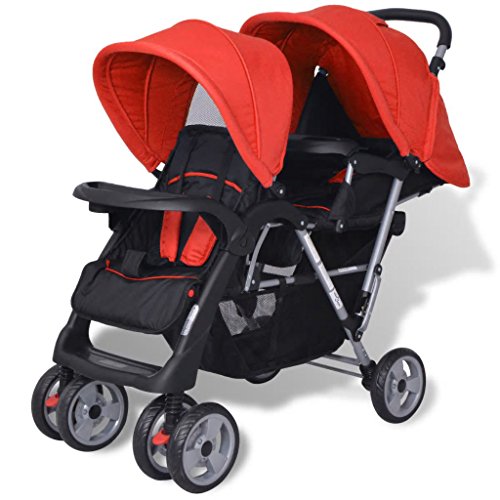 mewmewcat Plegable Silla gemelar para Gemelos y Hermanos Carrito Gemelar Silla de Paseo Cochecito de Bebé Capacidad 118x41x108cm Rojo y Negro