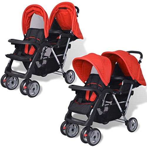 mewmewcat Plegable Silla gemelar para Gemelos y Hermanos Carrito Gemelar Silla de Paseo Cochecito de Bebé Capacidad 118x41x108cm Rojo y Negro