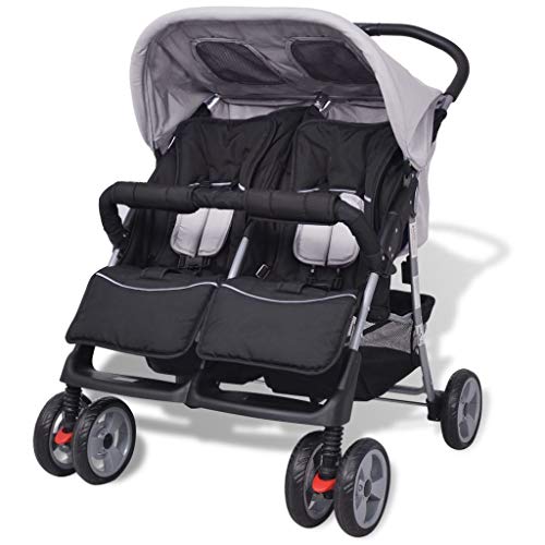 mewmewcat Plegable Silla gemelar para Gemelos y Hermanos Carrito Gemelar Silla de Paseo Cochecito de Bebé Capacidad de Peso 93x68x103cm Gris y Negro