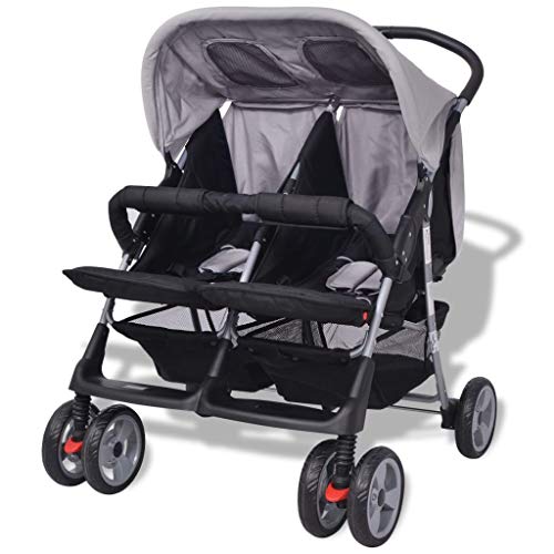 mewmewcat Plegable Silla gemelar para Gemelos y Hermanos Carrito Gemelar Silla de Paseo Cochecito de Bebé Capacidad de Peso 93x68x103cm Gris y Negro