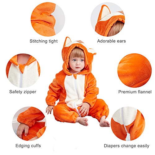 MICHLEY Bebé Ropa Mameluco Niños Niñas Pelele Pijama de Primavera y otoño Franela Traje de Animales zorro-70cm