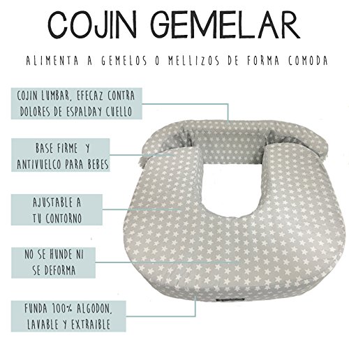 Mimuselina Cojín de Lactancia Gemelar | Almohada para Lactancia Mixta, Base Firme Antivuelcos, Ajustable a tu Contorno, No se Hunde ni Deforma, 100% Algodón, Modelo Estrellas Gris, 49 x 73 cm