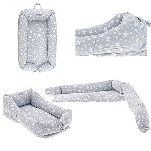 Mimuselina Cuco Nest Reductor | Cama Nido Desenfundable, Minicuna Portátil Colcheo, Reductor de Cuna, Chichonera, Cojín de Lactancia, Impermeable, Estampado Estrellas Azul Blue Petrol, 85x52 cm