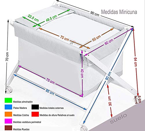 Minicuna mibebestore Plegable Blanco Gris: Estructura + Vestidura + Colcha Desenfuntable + Colchón + Almohada