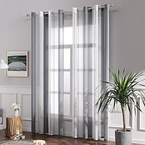 MIULEE Cortinas Translucida de Moderno Ventana Visillos Rayas Salon Paneles con Ojales para Sala Cuarto Comedor Salon Cocina Habitación 140 x 260 cm, 2 Unidades Blanco+Gris