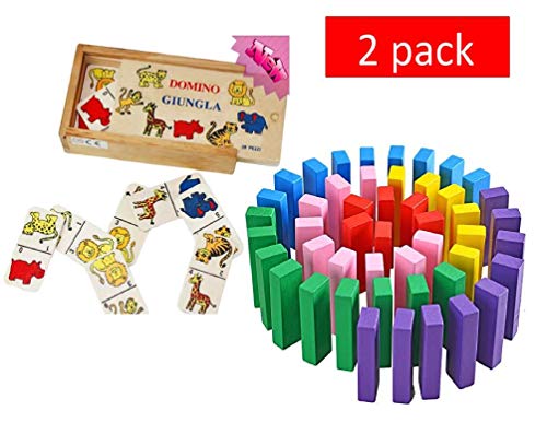 ML Pack Juegos didácticos Bloques de Madera Coloridos de Tablero de apilamiento de Torre 48 Piezas + Domino Infantil con Motivo amínales Juguete de Sobremesa Educativo para Niños y Niñas