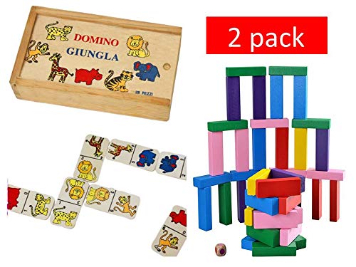 ML Pack Juegos didácticos Bloques de Madera Coloridos de Tablero de apilamiento de Torre 48 Piezas + Domino Infantil con Motivo amínales Juguete de Sobremesa Educativo para Niños y Niñas