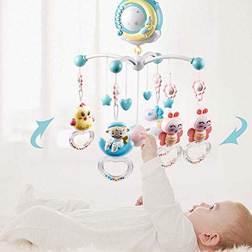 Moonvvin Baby Mobile para cunas con música, cuna móvil con luz nocturna y proyector, control remoto y juguete para empacar y jugar (Rosado)