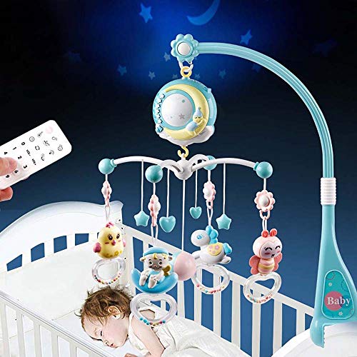 Moonvvin Baby Mobile para cunas con música, cuna móvil con luz nocturna y proyector, control remoto y juguete para empacar y jugar (Rosado)