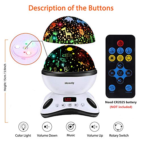 Moredig Lámpara Proyector Estrellas, 360° Rotación Músic Lampara con Temporizador led Pantalla y Control Remoto, 8 Modos Romántica luz de la Noche, Perfecto Regalo para Bebés (Negro)