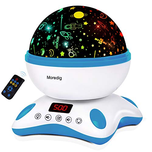 Moredig Proyector Estrellas Bebé, Lámpara Proyector Infantil Luz Nocturna con Rotación y Música, Función de Temporización y Control Remoto, 8 Modos Luz de la Noche, Perfecto Regalo Navidad - Azul