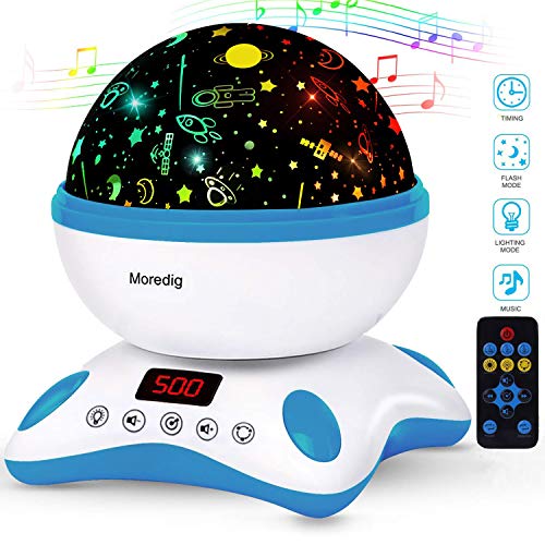 Moredig Proyector Estrellas Bebé, Lámpara Proyector Infantil Luz Nocturna con Rotación y Música, Función de Temporización y Control Remoto, 8 Modos Luz de la Noche, Perfecto Regalo Navidad - Azul